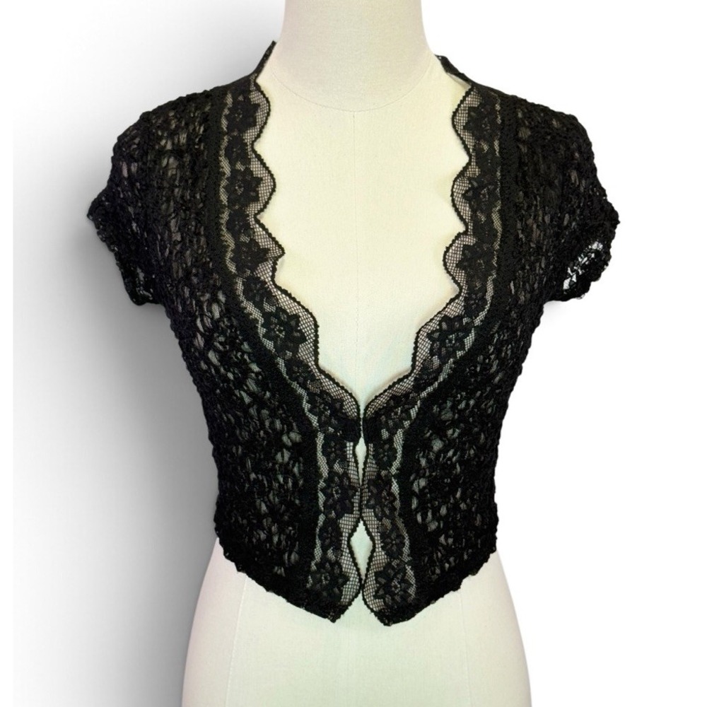 White House Black Market Black Cropped Lace Cardigan Cap Sleeve Womens Size M